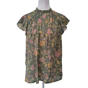 Nanette Lepore‎ Size S Olive Green Floral High Neck Pleated Blouse Romantic